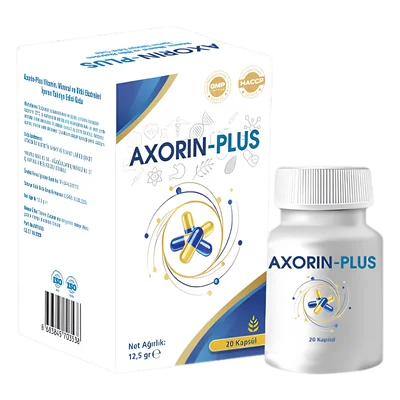 Axorin Plus 20 kapsül, beyaz kutu ve şişe