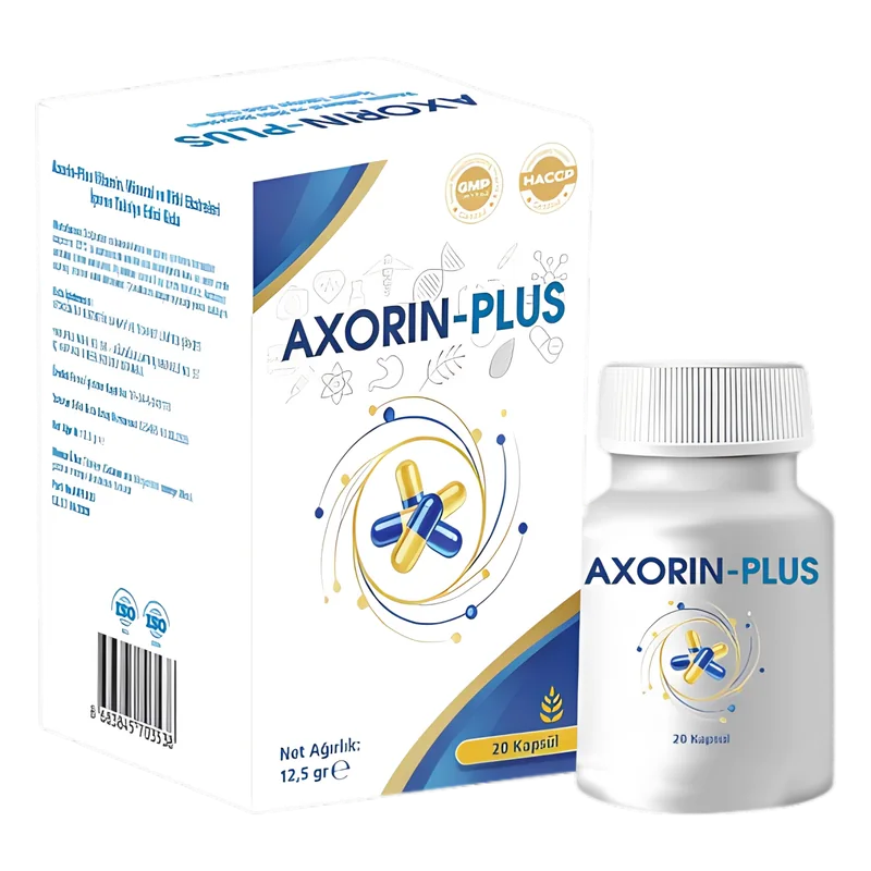 Axorin Plus 20 kapsül, beyaz kutu ve şişe
