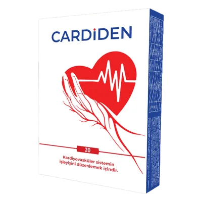 Cardiden 20 kapsül, kırmızı kalp ve kardiyogram desenli beyaz kutu