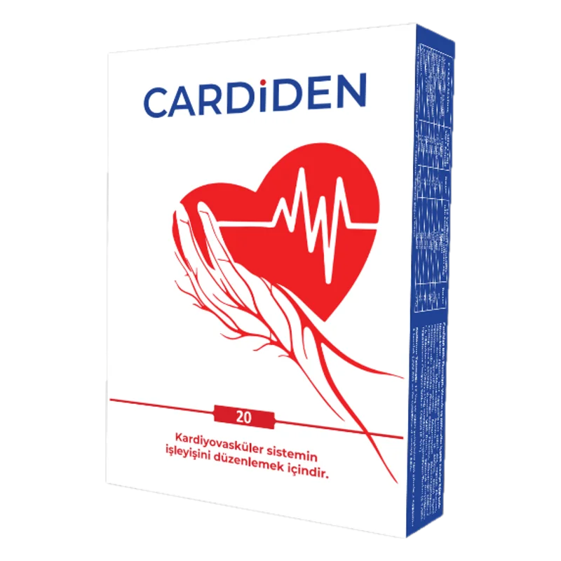 Cardiden 20 kapsül, kırmızı kalp ve kardiyogram desenli beyaz kutu