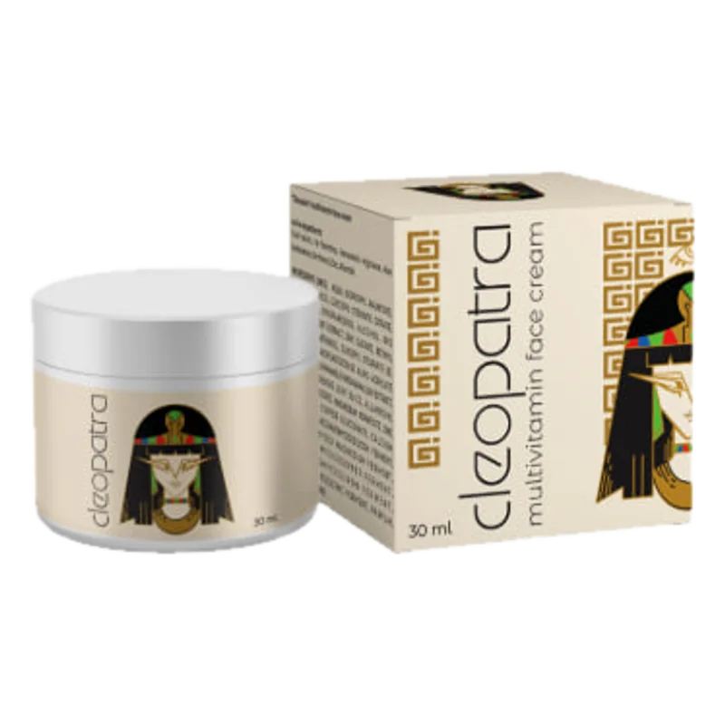 Cleopatra yüz kremi 30 ml, gümüş kapaklı kavanoz ve Mısır motifli kutu