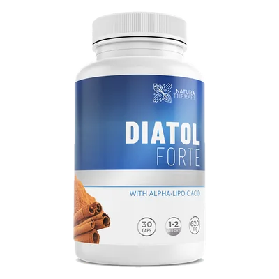 Diatol Forte 30 kapsül, koyu mavi etiketli beyaz şişe