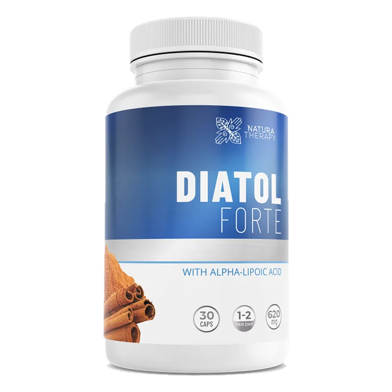 Diatol Forte 30 kapsül, koyu mavi etiketli beyaz şişe