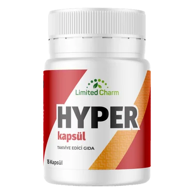 Hyper Caps 15 kapsül, kırmızı-turuncu şeritli beyaz şişe