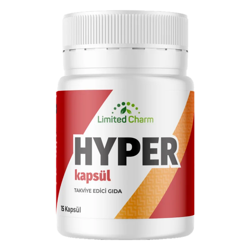 Hyper Caps 15 kapsül, kırmızı-turuncu şeritli beyaz şişe