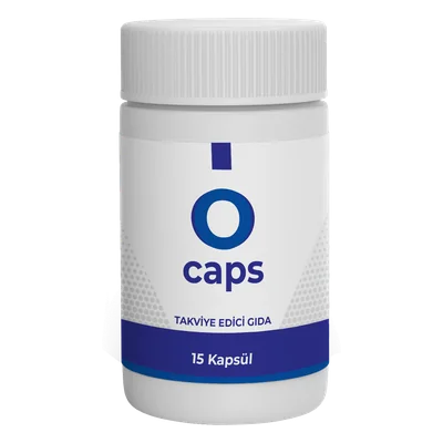 O Caps 15 kapsül, mavi O harfli beyaz flakon