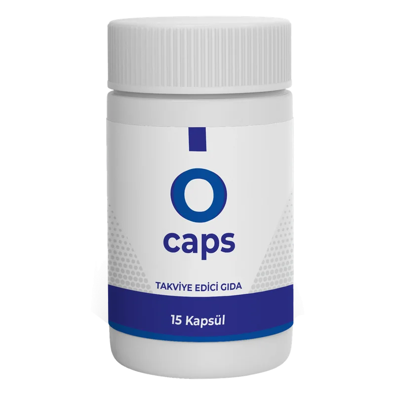 O Caps 15 kapsül, mavi O harfli beyaz flakon