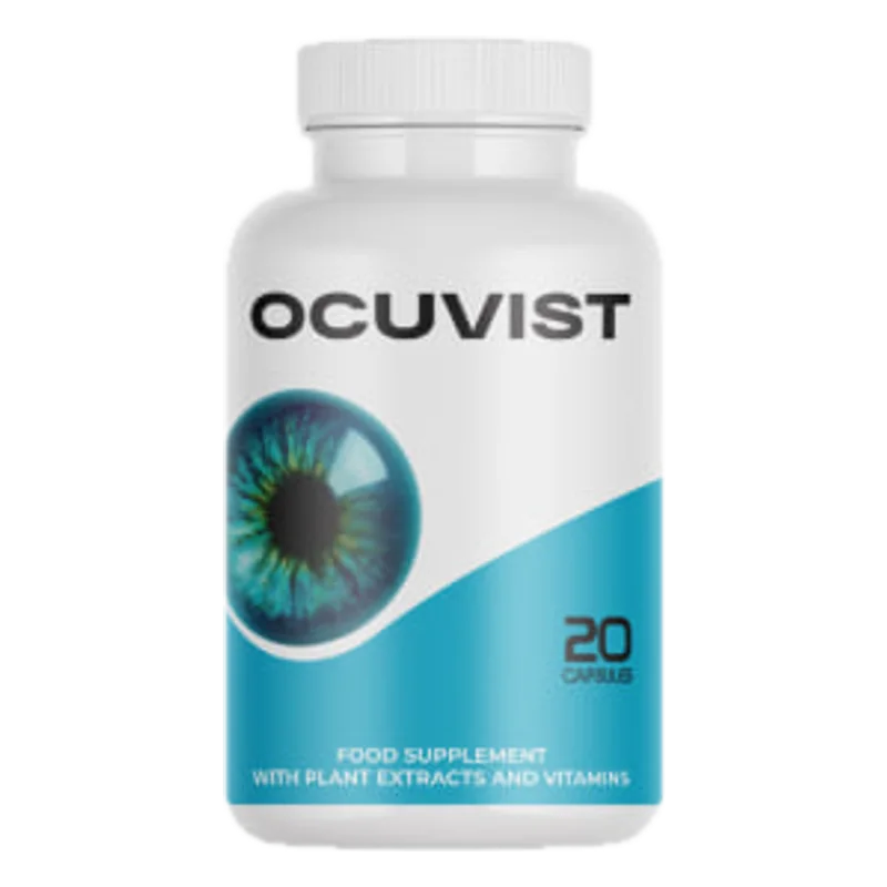 Ocuvist 20 kapsül, bitki ekstreleri ve vitamin içeren beyaz şişe