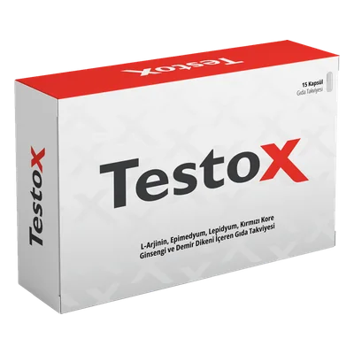 Testox 15 kapsül, kırmızı kenarlı beyaz kutu